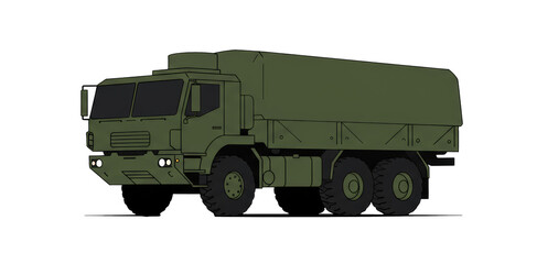 Fototapeta premium Minimalist military transport truck in flat graphic art on a clean white background