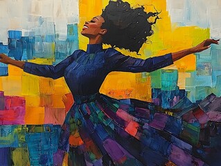 Fototapeta premium A woman in a blue dress with her arms outstretched is dancing in front of a colorful background