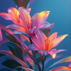 Iridescent Lily Flowers Digital Art with Pink and Purple Hues Close Up View Showing Petals Stems and Leaves Against a Blue Background