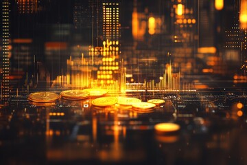 Obraz premium Golden coins rest on a dark surface, overlaid with financial charts and city lights