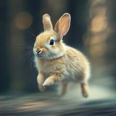 Obraz premium Running Light Brown Rabbit with Long Ears and Bushy Tail Against Dark Blurred Background Animal Wildlife in Outdoor Setting