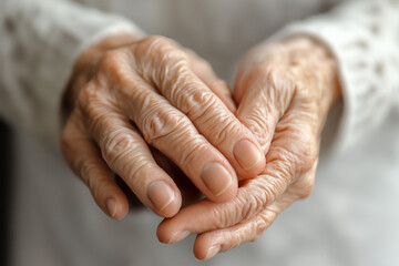 Fototapeta premium The hands of an elderly woman with arthritis are visible in close-up