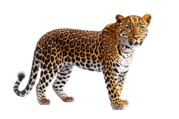 Elegant leopard walking gracefully with distinctive spotted coat and confident demeanor, showcasing its beauty against a transparent background perfect for various applications