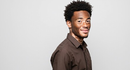 A man with vitiligo wearing a brown shirt poses against a neutral background in a studio setting