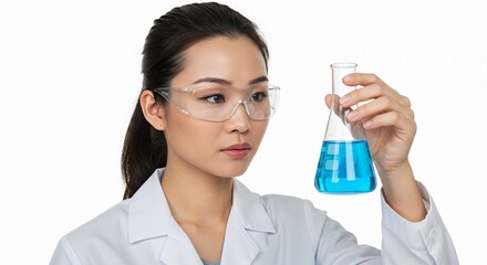 A woman in lab coat and safety glasses holds a flask with blue liquid against white background studio shot