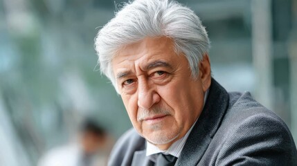 A mature Hispanic businessman exudes confidence and seriousness while engaging directly with the camera.