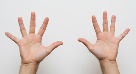 Two hands with fingers spread wide against a plain white background showing palms and wrists clearly