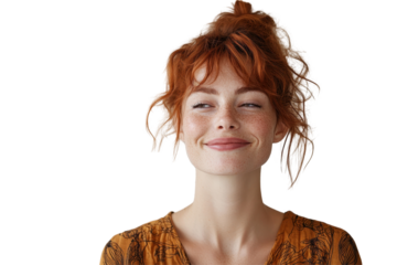 Captivating young woman with glasses and floral top smiling cheerfully on a transparent background