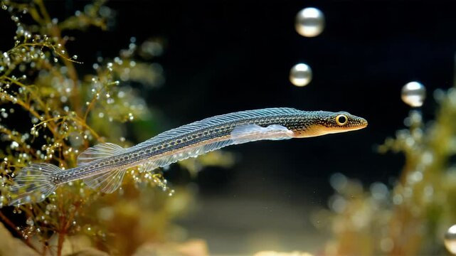 Close-up of a juvenile stickleback fish swimming underwater with bubbles and aquatic plants in an aquarium environment.