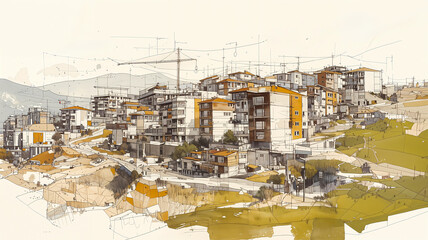 Watercolor sketch of mid-rise residential buildings on a hillside