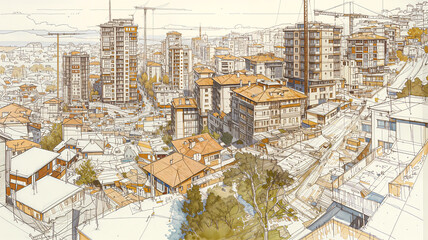 Watercolor marker sketch of modern cityscape with residential towers