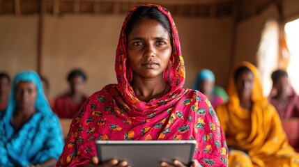 A woman in colorful traditional clothing holds a tablet, seated among others in a classroom setting.
