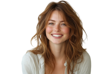Captivating young woman with glasses and floral top smiling cheerfully on a transparent background