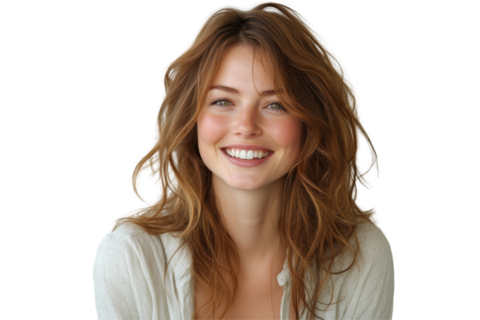 Captivating young woman with glasses and floral top smiling cheerfully on a transparent background