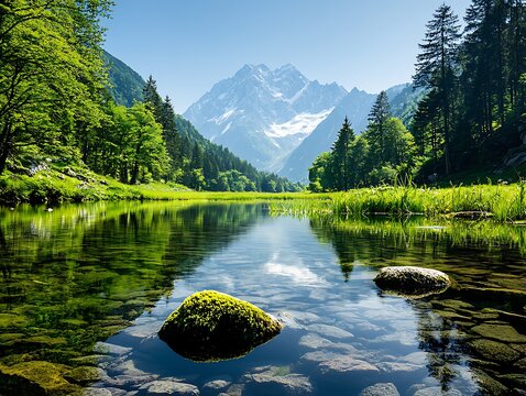 Serene alpine lake reflecting mountains (1)