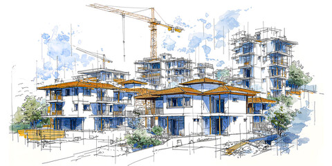 Colorful watercolor marker sketch of suburban residential project with cranes