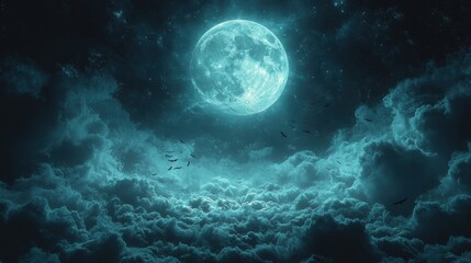 Fototapeta premium Full Moon Over Clouds with Flying Bats at Night Background
