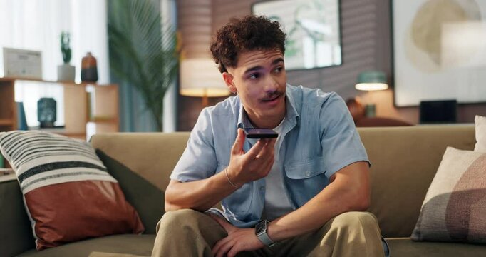 Man, sofa and talking with speaker phone for audio recording, sound message or voice note at home. Male person, user or chatting with mobile smartphone for communication app or network at house
