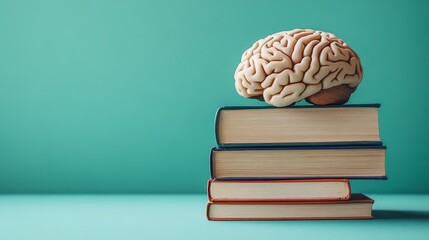 Brain Model Stacked Atop Vintage Books on Teal Background Concept for Education Knowledge and Artificial Intelligence