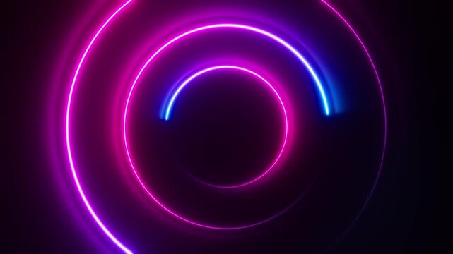 Neon circles abstract background. Colorful laser beams animation. Round shiny lights texture with copy space. Disco party illumination effect. Seamless loop.