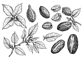 Cocoa Beans & Leaves Illustration