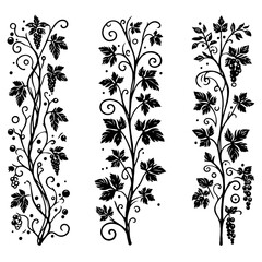 Obraz premium Set of silhouettes vine branches leaves. Grapes vineyard, grapevine black and white illustration. Wine labels design, branding Borders hand drawn decorative vines and berries. Elegant botanical motifs