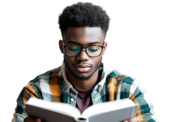 Young man thoughtfully holding a book while resting his chin on his hand, dressed in a denim jacket and glasses against a transparent background illustrating studiousness