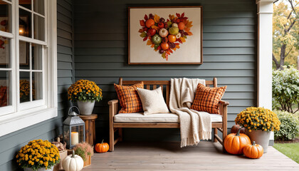 Fall porch decor featuring pumpkins, mums, and cozy seating in a suburban setting during autumn afternoon