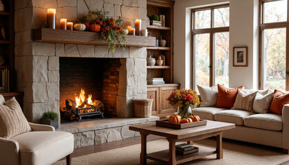 Cozy living room with a stone fireplace and autumn decorations in a bright, inviting atmosphere