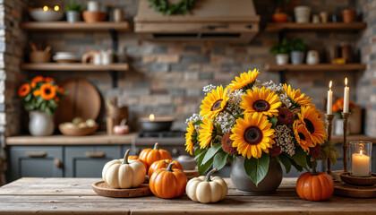 Beautiful fall kitchen decor featuring sunflowers, pumpkins, and candles creates a cozy autumn atmosphere