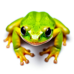 Vibrant Green Frog with Dark Eyes on White Background