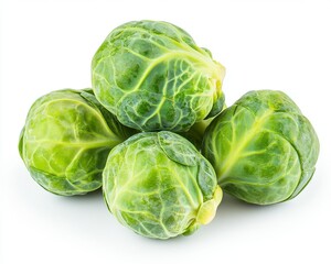 Fototapeta premium Pile Of Fresh Green Brussels Sprouts Stacked on White Background Close Up Still Life