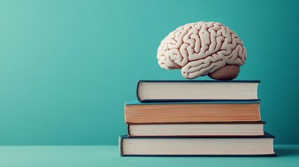 Pixelated Brain Atop Stack of Vintage Books in Teal Background Concept of Learning and Knowledge