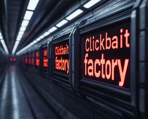 Digital signs in a futuristic hallway display the phrase "Clickbait factory" in bold red letters.