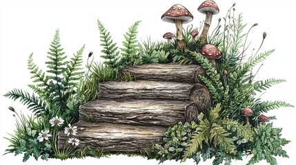 Forest Scene with Logs, Mushrooms, and Ferns in Natural Setting