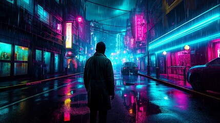 Naklejka premium Rain-soaked city street illuminated by neon lights and a solitary figure during nighttime exploration
