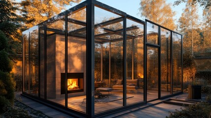 Obraz premium Glass Pavilion with Fireplace at Dusk: A Modern Architectural Marvel
