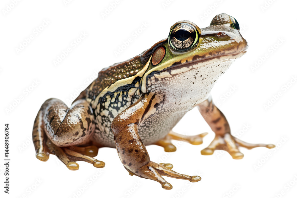 Poster close-up of a frog showcasing vibrant colors and intricate details on a transparent background, perf
