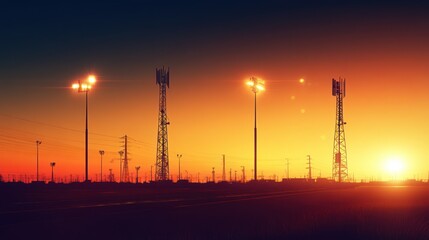 Fototapeta premium Sunset Silhouette: Telecommunication Towers and City Lights