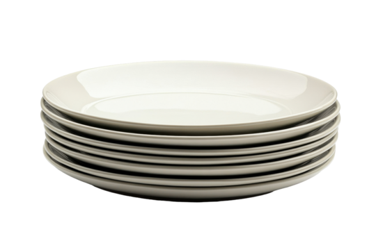 Collection of six stacked white plates on a transparent background suitable for various design applications and culinary projects