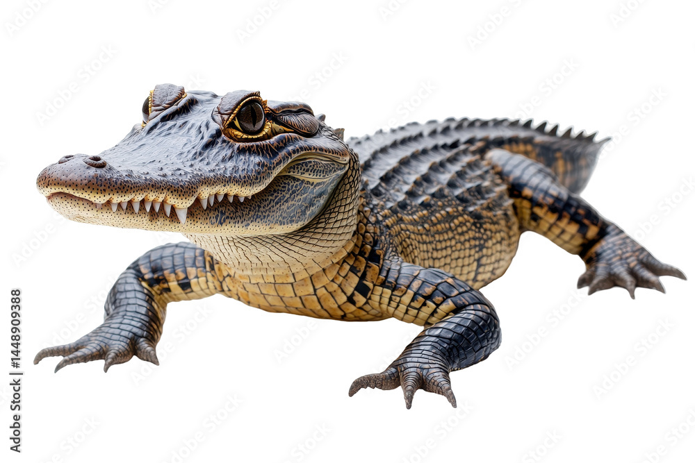 Poster crocodile on a transparent background showcasing intricate details and textures of its skin and feat