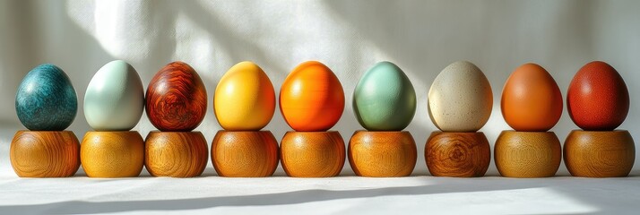 Colorful Easter eggs on wood.
