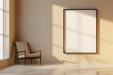Living room interior with white empty frame mockup poster on the wall