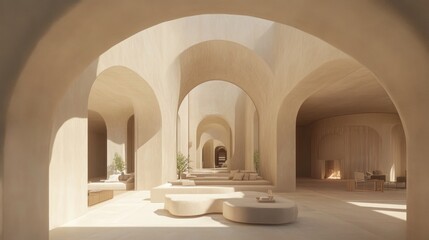 Fototapeta premium Beige interior architectural design with arched passageways.
