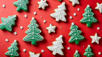 Gingerbread christmas trees cookie decorated with mastic star icing on bright red background. Festive, holiday cooking concept.