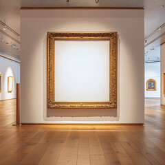 Minimal wooden picture frame mockup poster on white wall in the museum galery