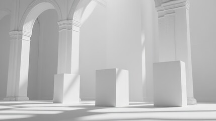 Fototapeta premium Elegant, white architectural interior with empty display platforms.