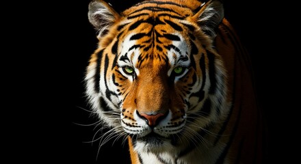 Fototapeta premium Majestic Tiger Portrait Close Up of Wild Cat with Striking Orange and Black Stripes Against Black