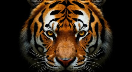Fototapeta premium Powerful Close Up Portrait of a Majestic Tiger s Face Against a Black Background