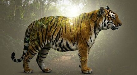 Majestic Tiger in Lush Jungle Double Exposure Wildlife Photography